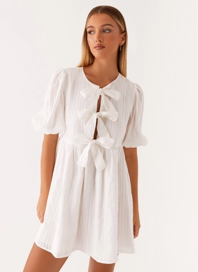 Western Wind Tie Mini Dress - White Smart Layer Relaxed day dress