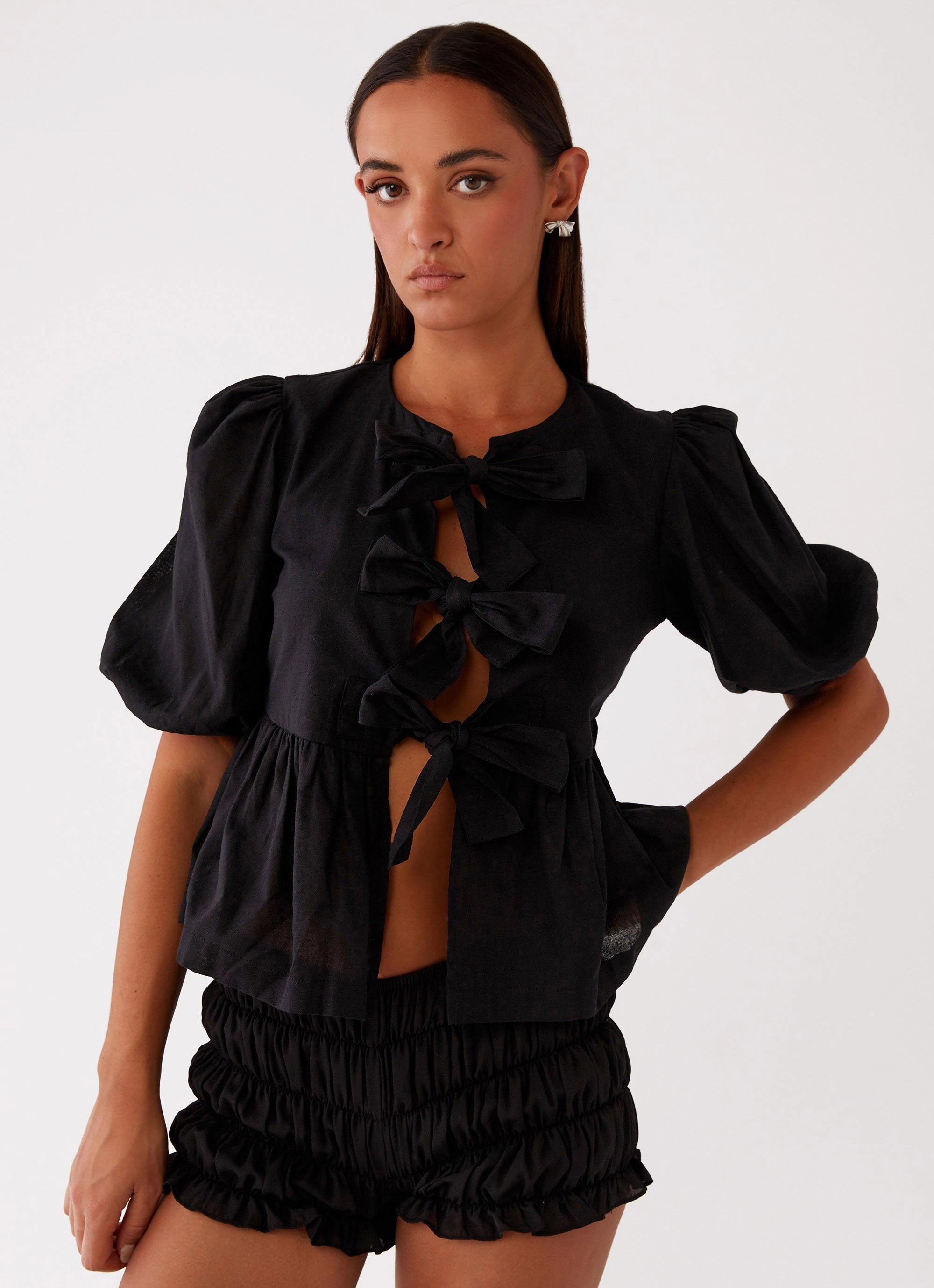 Oversized Collar Western Wind Tie Top - Black