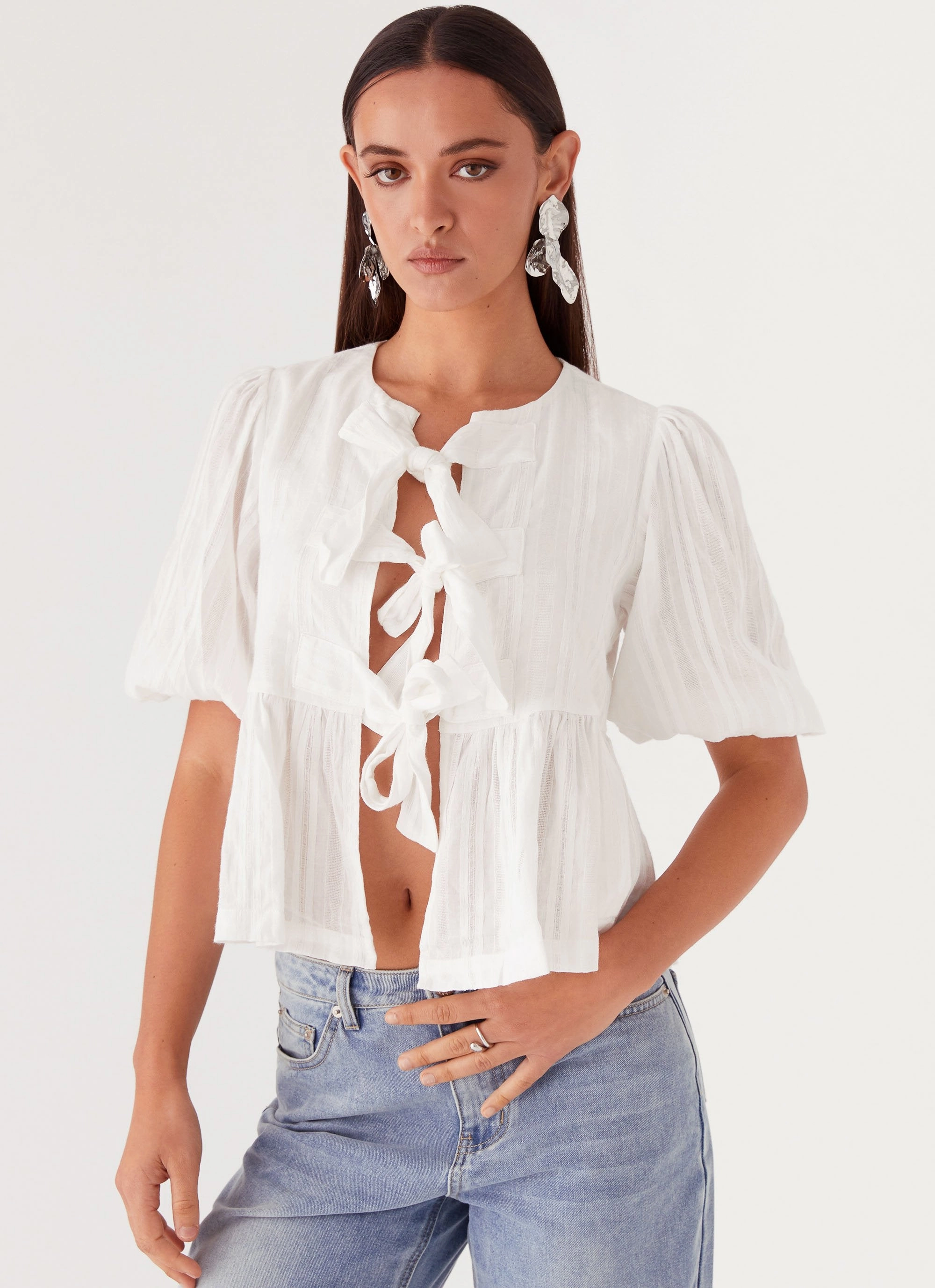 BoxyCrop Western Wind Tie Top - White