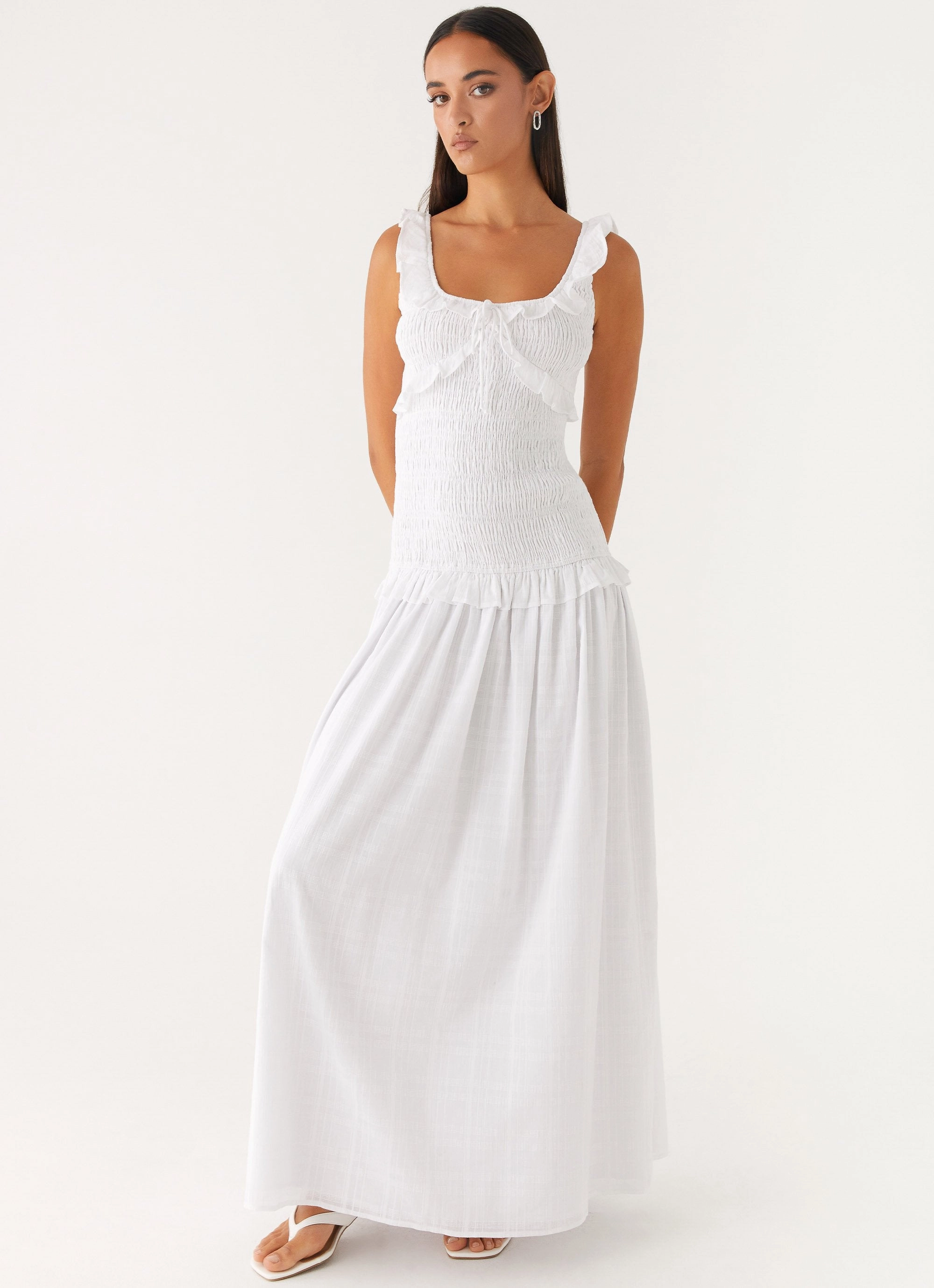 Westlyn Shirred Maxi Dress - White Shirred-Detail Lounge Fit