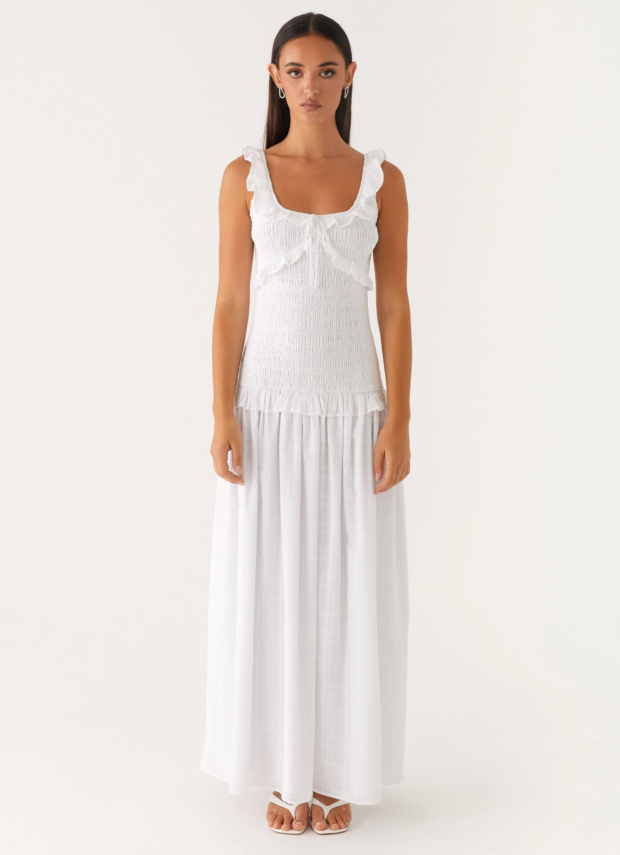 Square Neck Tailored Wear Westlyn Shirred Maxi Dress - White