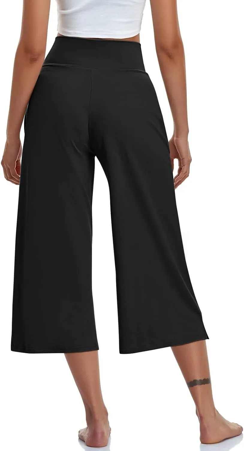 Wide Leg Capri Pants for Women Crossover High Waisted Stretchy Tummy Control Yoga Pants Casual Loose Cropped Pants w/Pockets