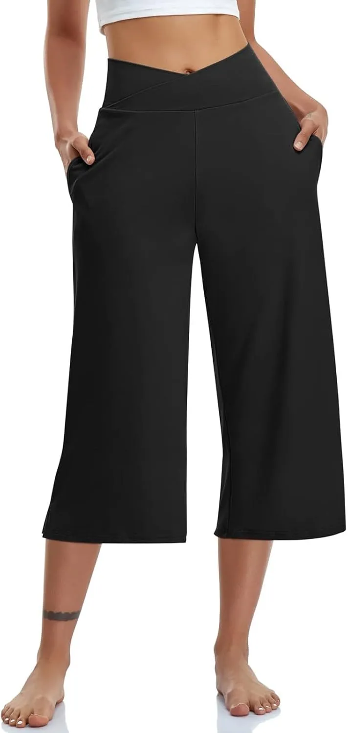 Wide Leg Capri Pants for Women Crossover High Waisted Stretchy Tummy Control Yoga Pants Casual Loose Cropped Pants w/Pockets