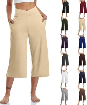 Wide Leg Capri Pants for Women Crossover High Waisted Stretchy Tummy Control Yoga Pants Casual Loose Cropped Pants w/Pockets