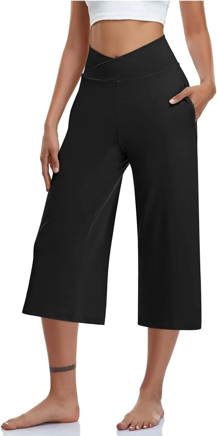 Wide Leg Capri Pants for Women Crossover High Waisted Stretchy Tummy Control Yoga Pants Casual Loose Cropped Pants w/Pockets
