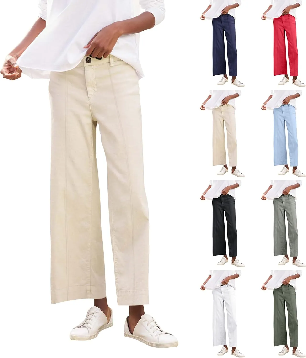 Wide Leg Cropped Pants for Women Elastic High Waist Wide Leg Linen Pants Summer Business Casual Pants with Pockets