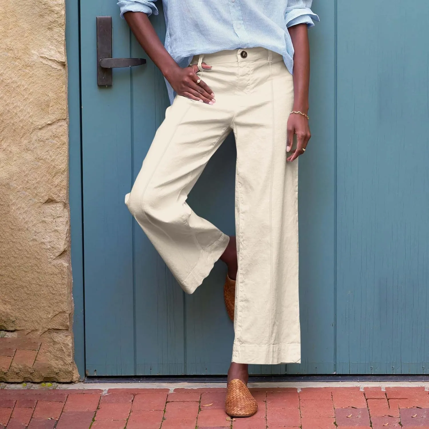 Wide Leg Cropped Pants for Women Elastic High Waist Wide Leg Linen Pants Summer Business Casual Pants with Pockets