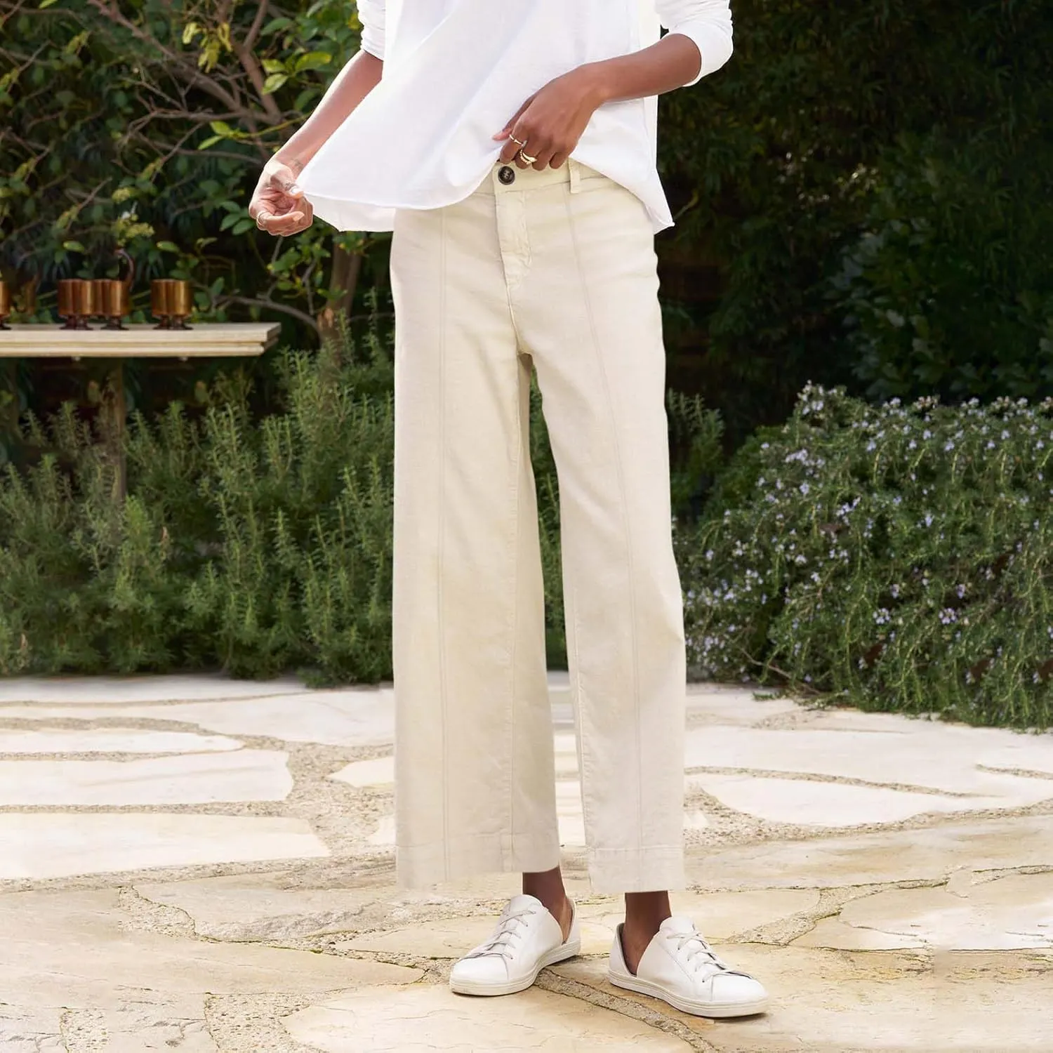 Wide Leg Cropped Pants for Women Elastic High Waist Wide Leg Linen Pants Summer Business Casual Pants with Pockets