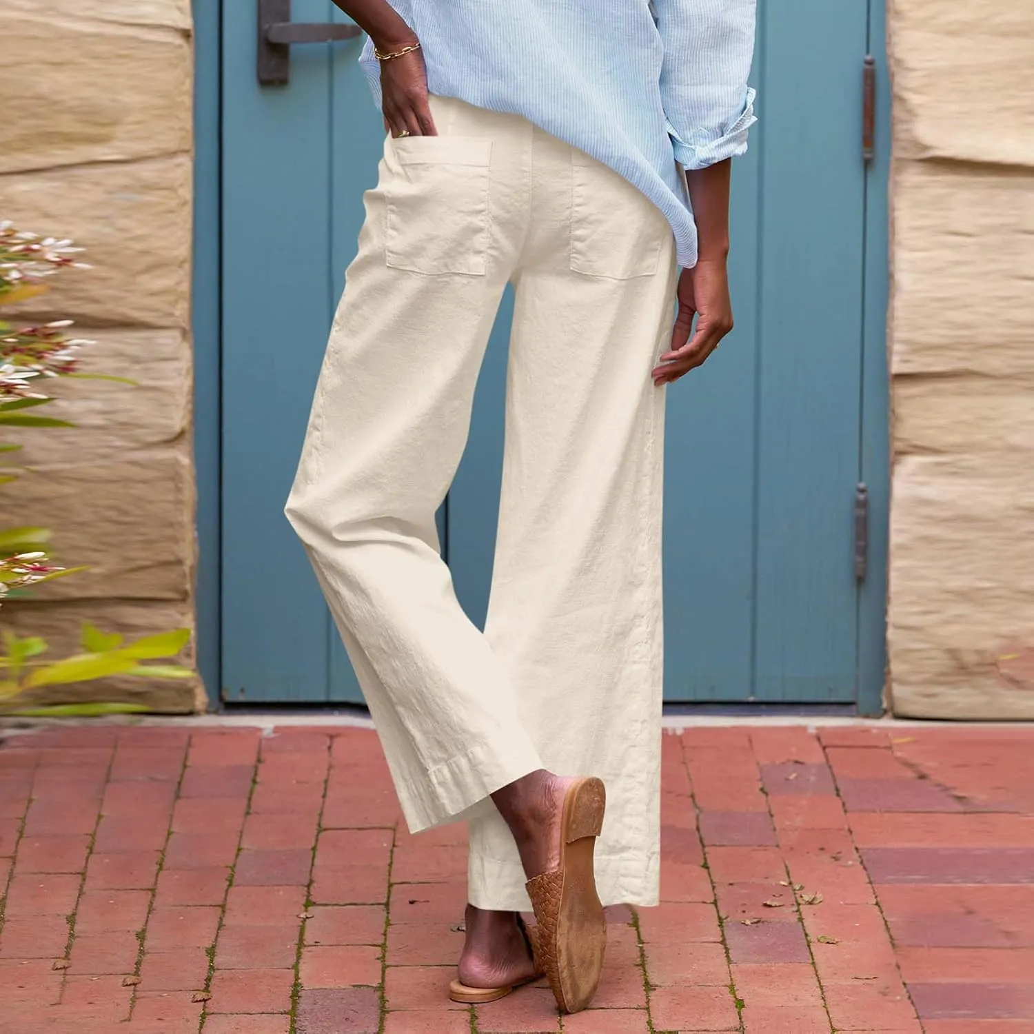 Wide Leg Cropped Pants for Women Elastic High Waist Wide Leg Linen Pants Summer Business Casual Pants with Pockets