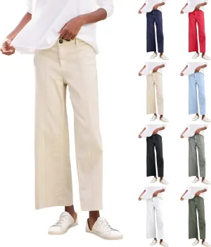 Wide Leg Cropped Pants for Women Elastic High Waist Wide Leg Linen Pants Summer Business Casual Pants with Pockets