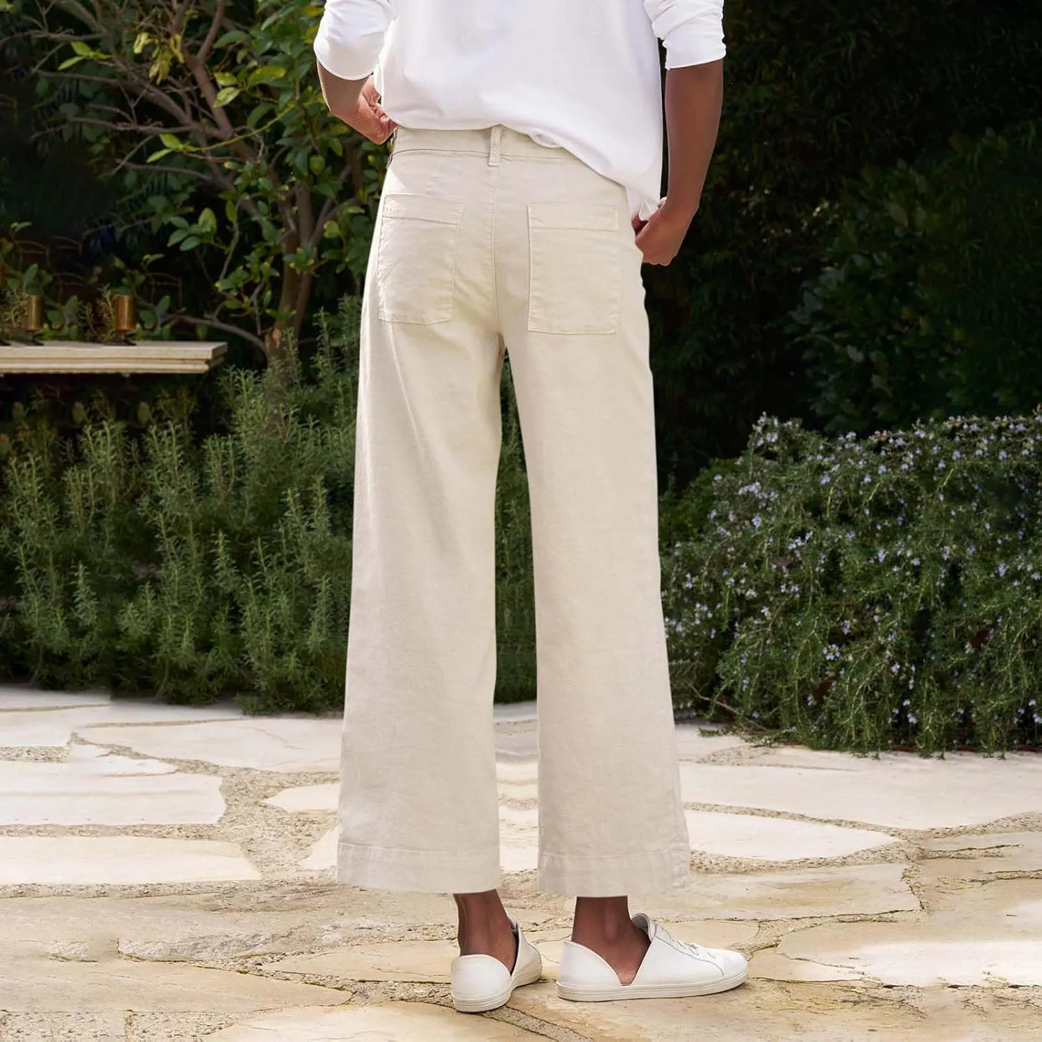 Wide Leg Cropped Pants for Women Elastic High Waist Wide Leg Linen Pants Summer Business Casual Pants with Pockets
