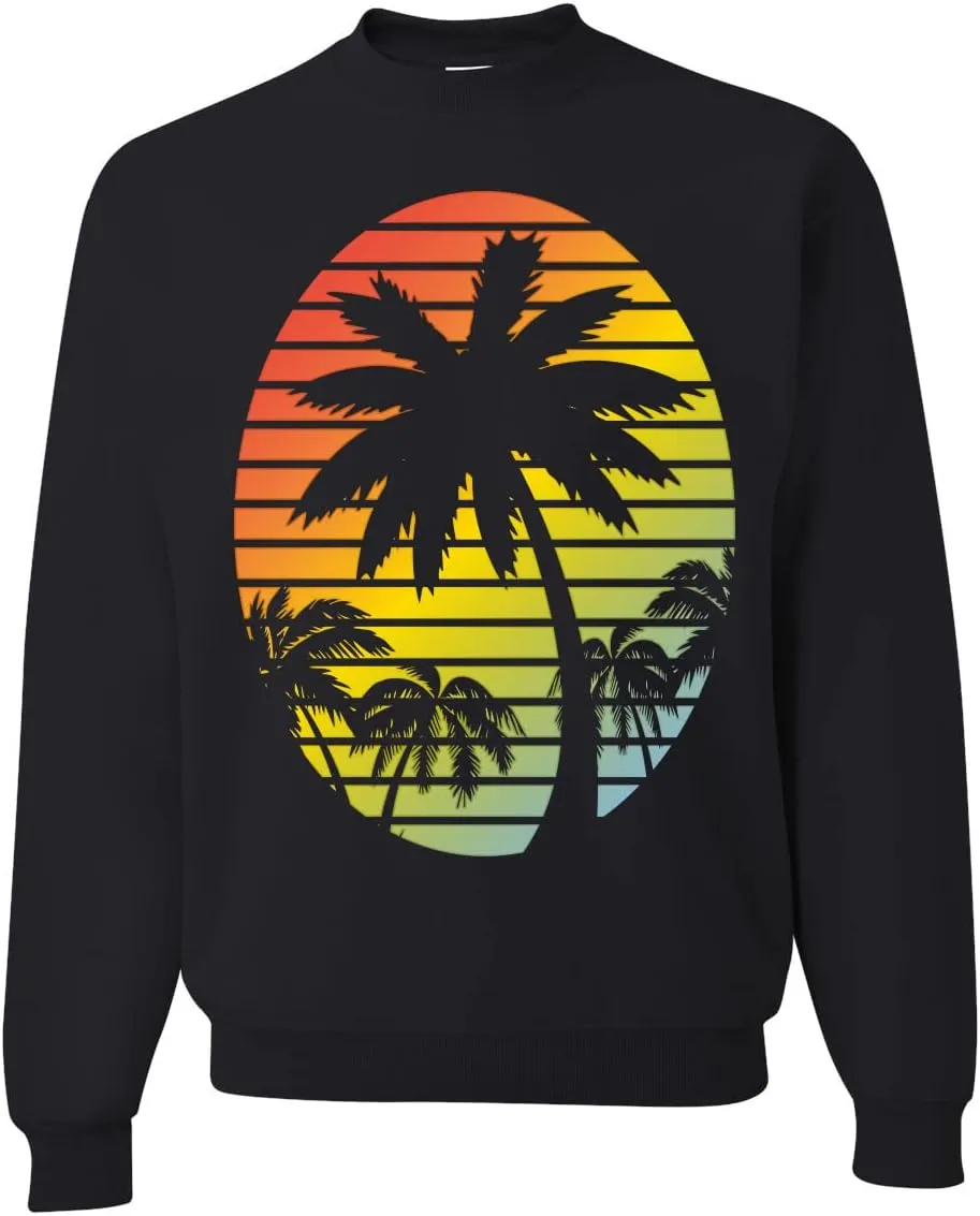 Wild Bobby Tropical Palm Trees Silhouettes with Sunset Pop Culture Unisex Crewneck Graphic Sweatshirt