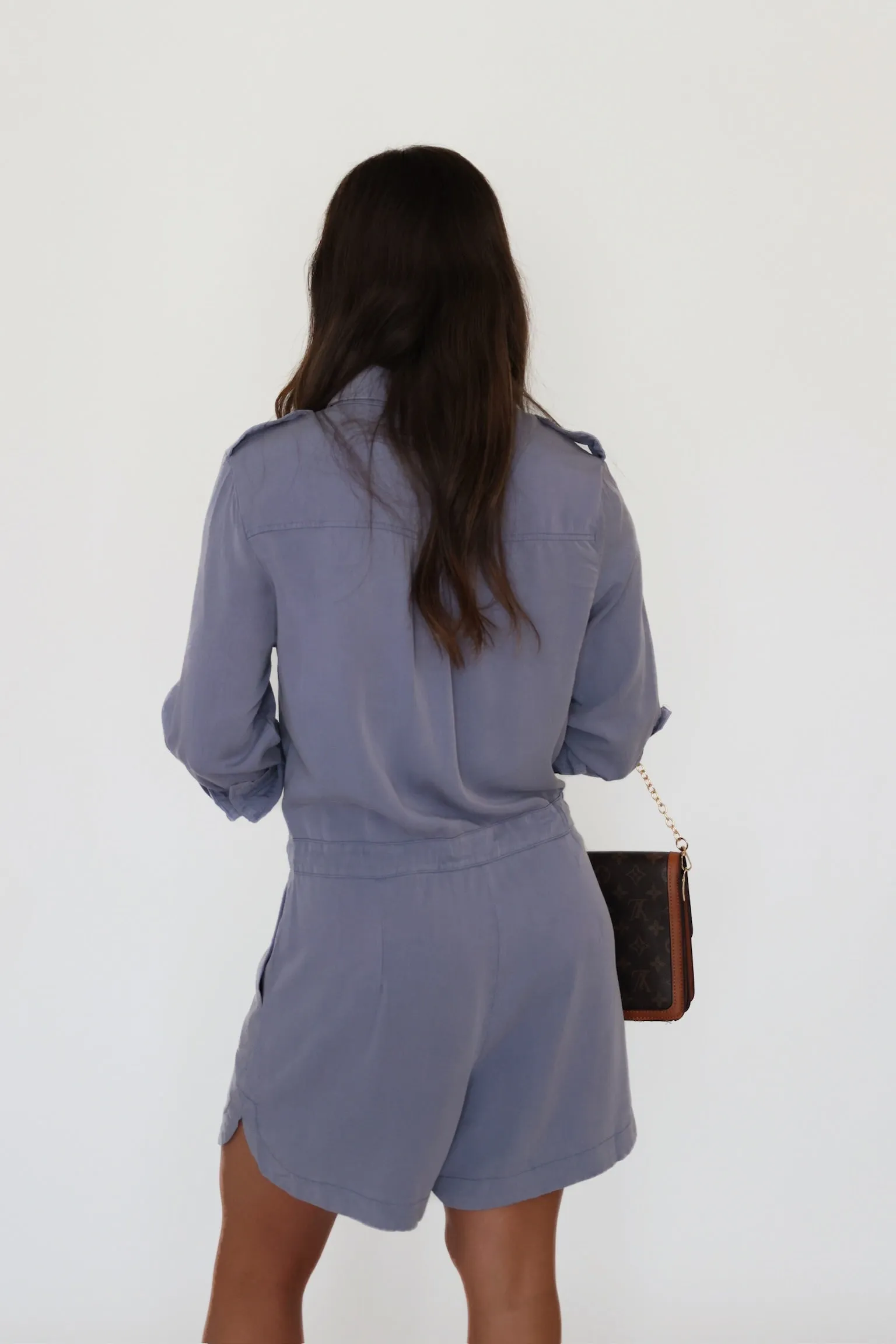 Wiley Utility Romper - Dusty Blue Bamboo Fiber Fabric
