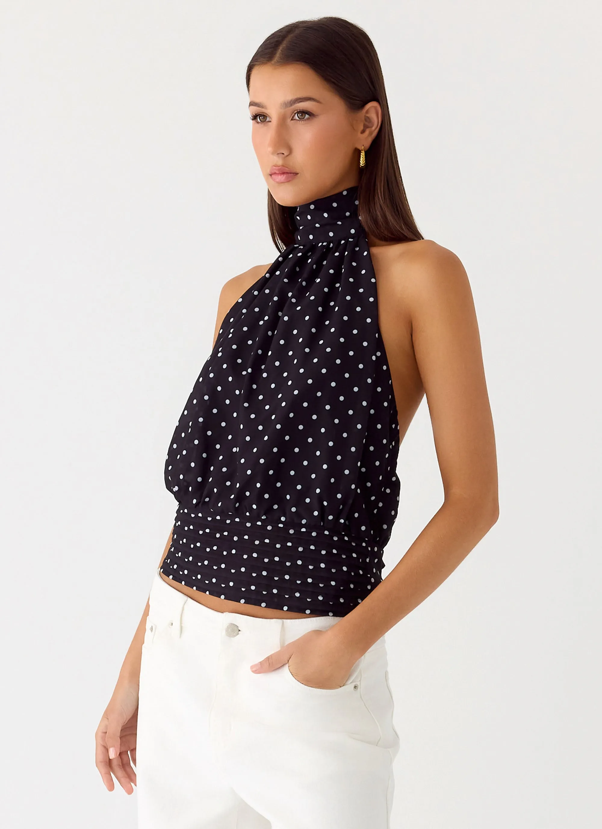 NoiseReduciting Zipper Willow Chiffon Top - Black Polkadot
