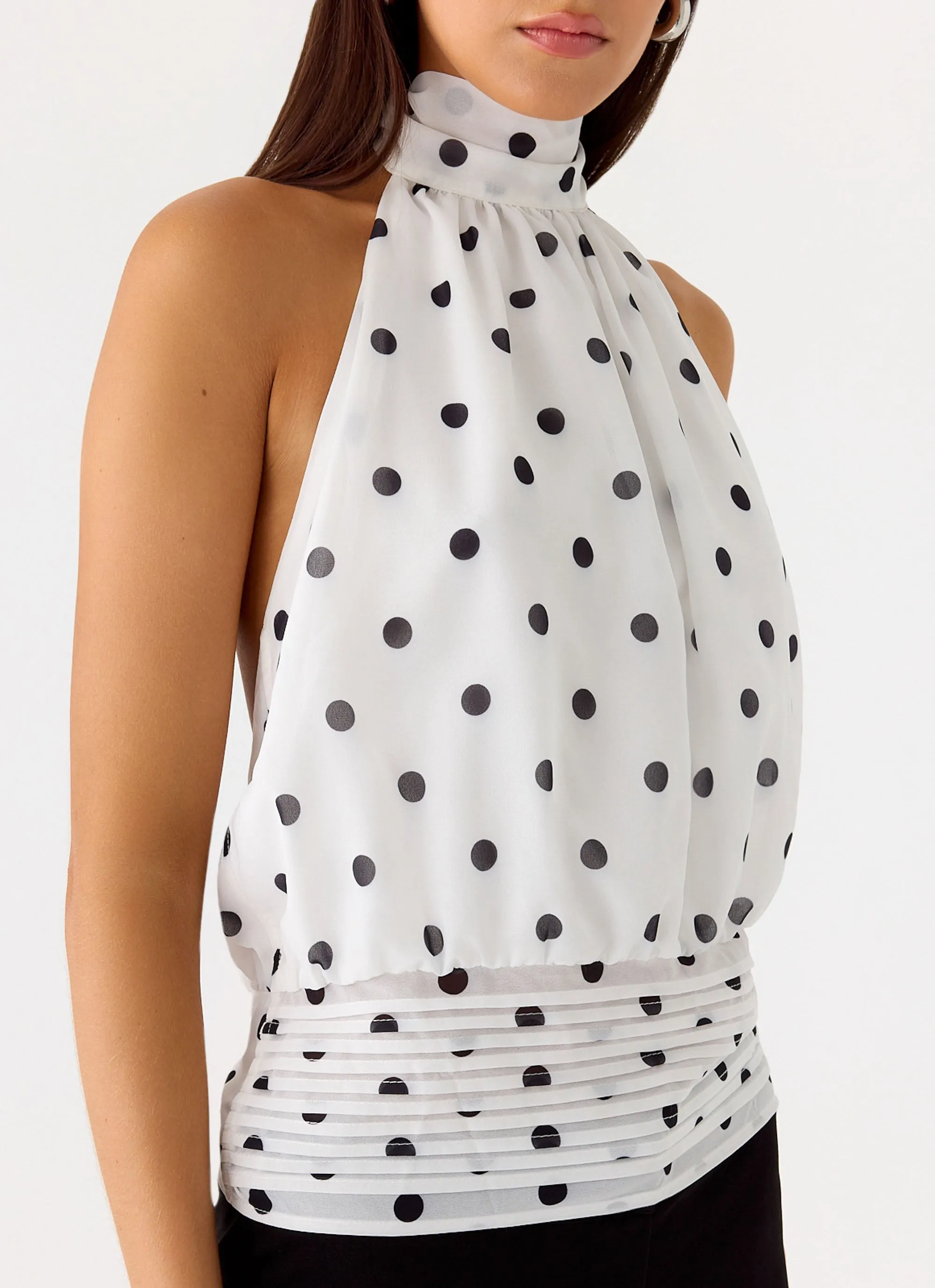 FlexibleSole Ribbed Trim Details Willow Chiffon Top - White Polkadot