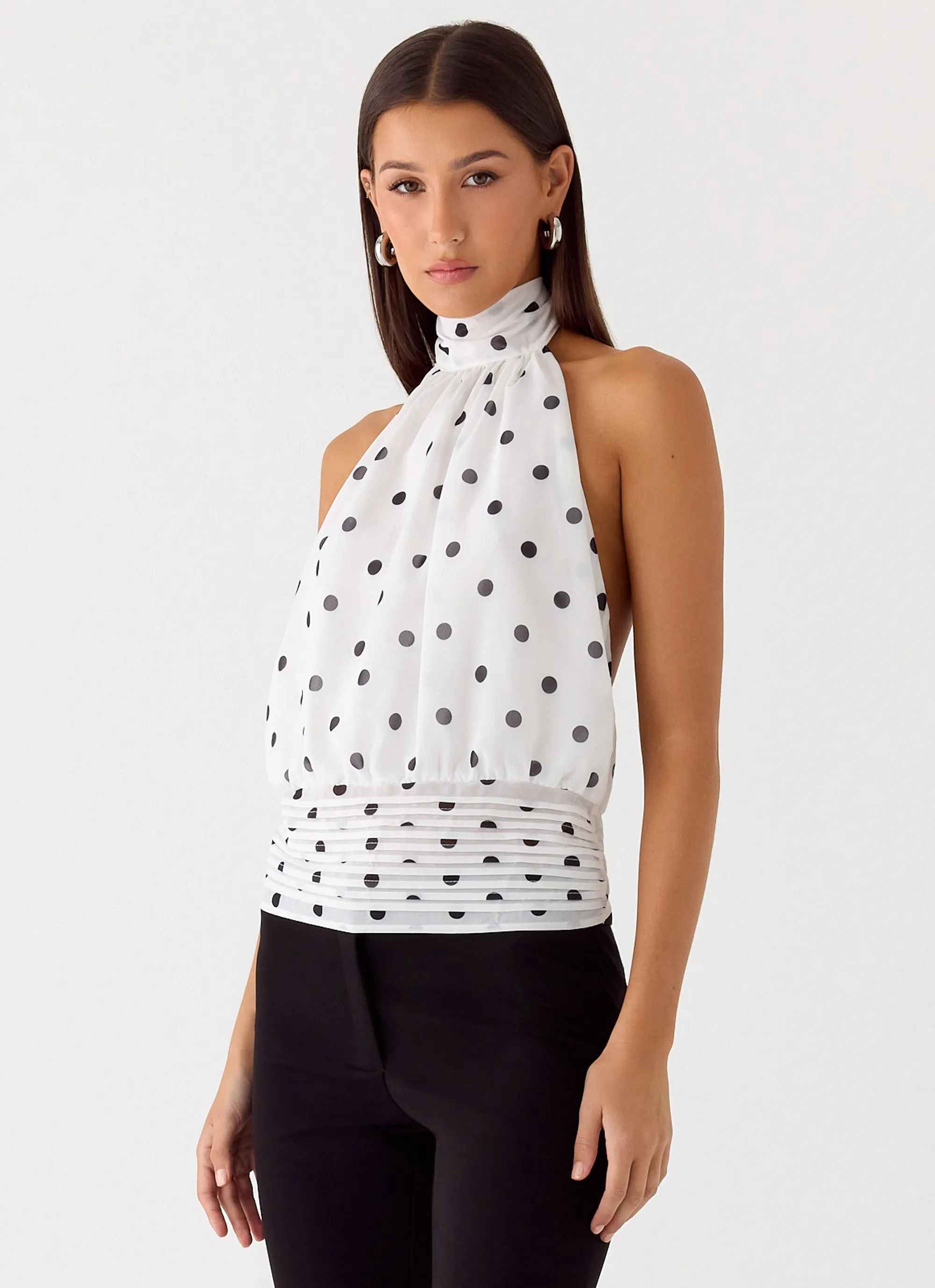 Hidden Zipper Pocket UVProtective Coating Willow Chiffon Top - White Polkadot