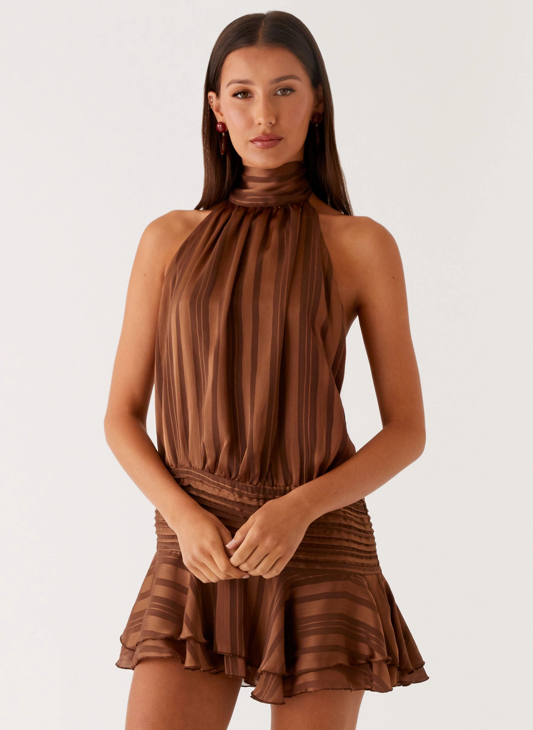 Trend Fit Sleek Flow Willow Chiffon Mini Dress - Chocolate