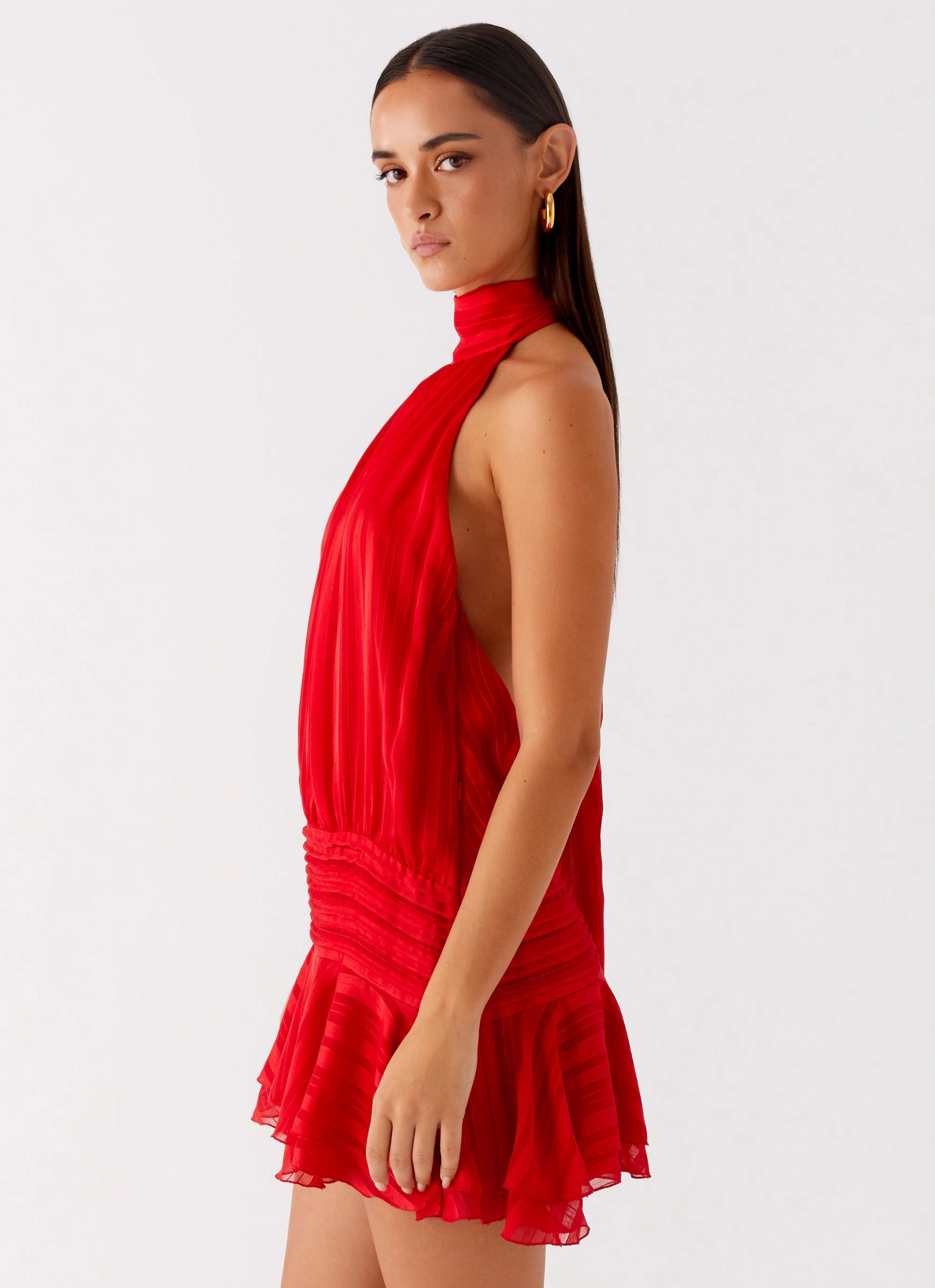 Balloon-Sleeve Willow Chiffon Mini Dress - Red