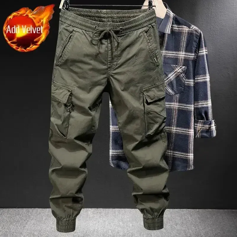 Winter Motorcycle Cargo Pants for Men - Black Fleece-lined Outdoor Biker Trousers, Plus Size, High-Quality Designer