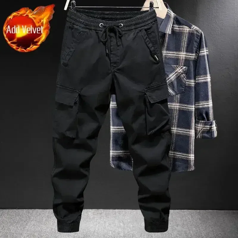Winter Motorcycle Cargo Pants for Men - Black Fleece-lined Outdoor Biker Trousers, Plus Size, High-Quality Designer