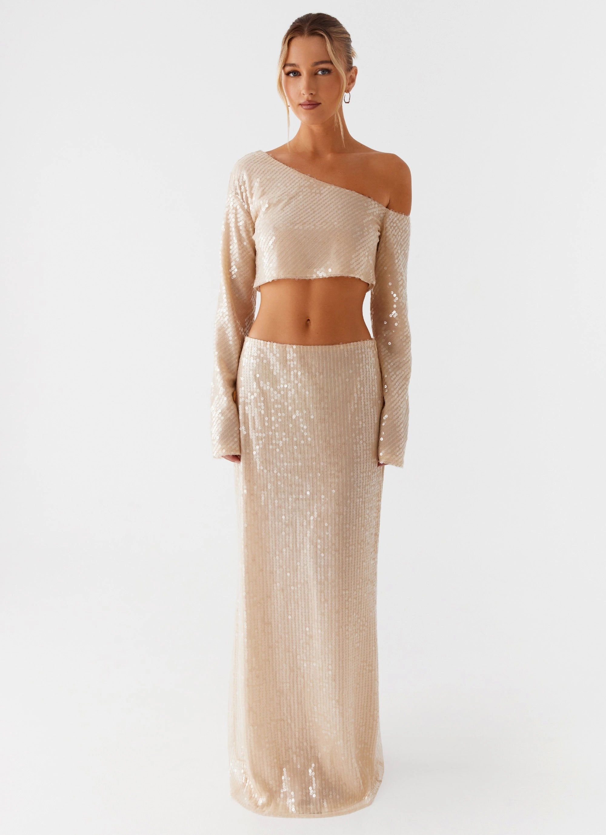 Quick Dry Fabric Wisteria Off Shoulder Long Sleeve Sequin Top - Champagne