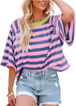 Women Color Block Oversized Striped T-Shirts Short Sleeve Crew Neck Top Basic Casual Tee Shirts Summer Loose Shirts
