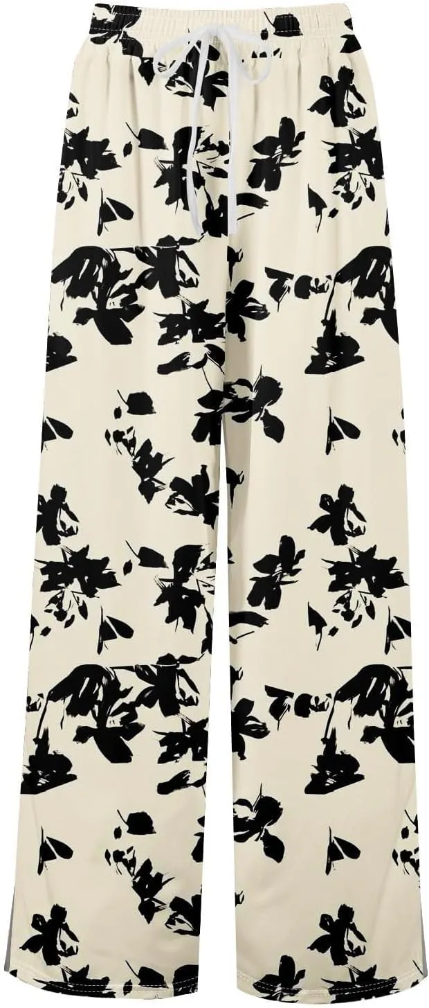 Women High Waisted Drawsting Boho Palazzo Pants Fish Art Printed Wide Leg Long Japanese Pant Trousers with Pockets