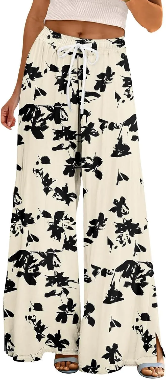 Women High Waisted Drawsting Boho Palazzo Pants Fish Art Printed Wide Leg Long Japanese Pant Trousers with Pockets