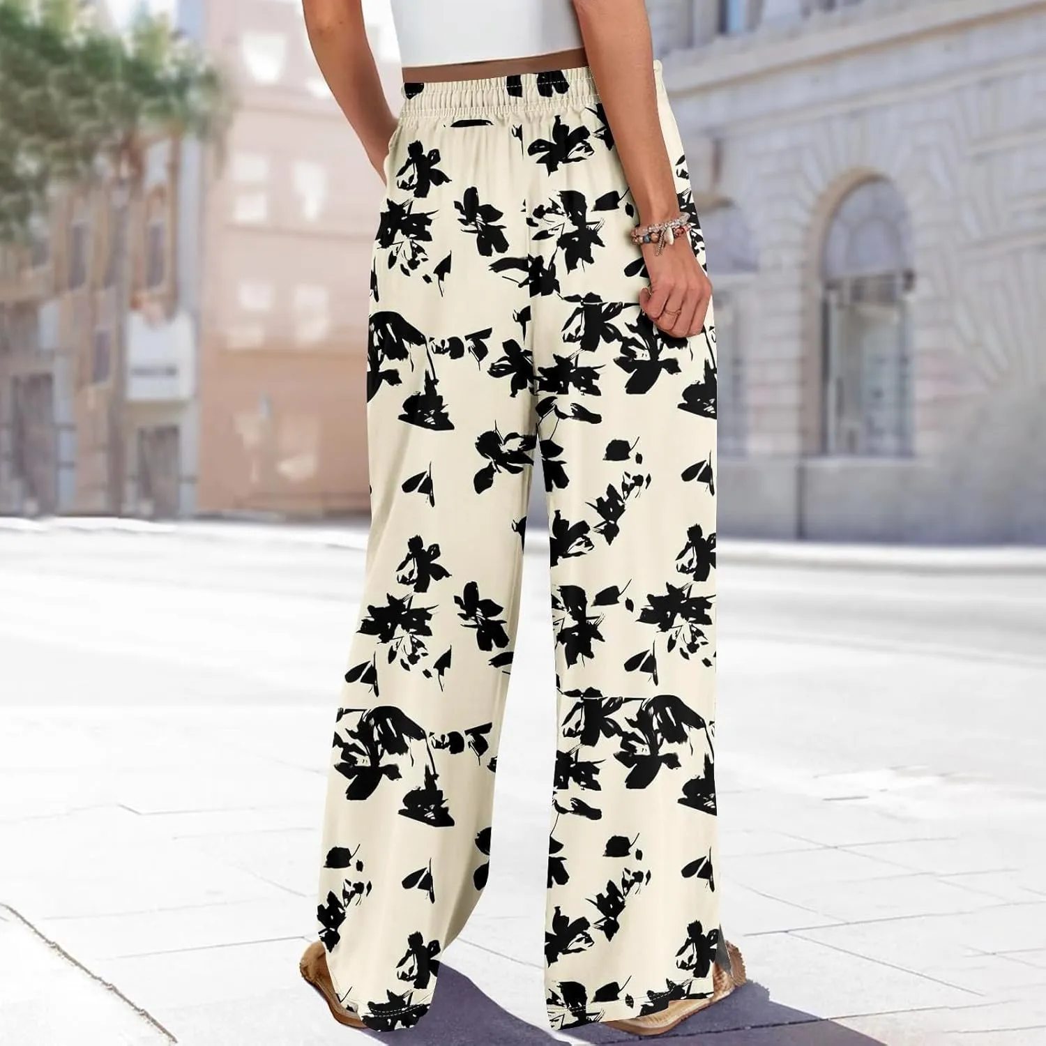 Women High Waisted Drawsting Boho Palazzo Pants Fish Art Printed Wide Leg Long Japanese Pant Trousers with Pockets