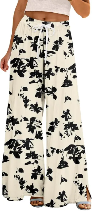 Women High Waisted Drawsting Boho Palazzo Pants Fish Art Printed Wide Leg Long Japanese Pant Trousers with Pockets