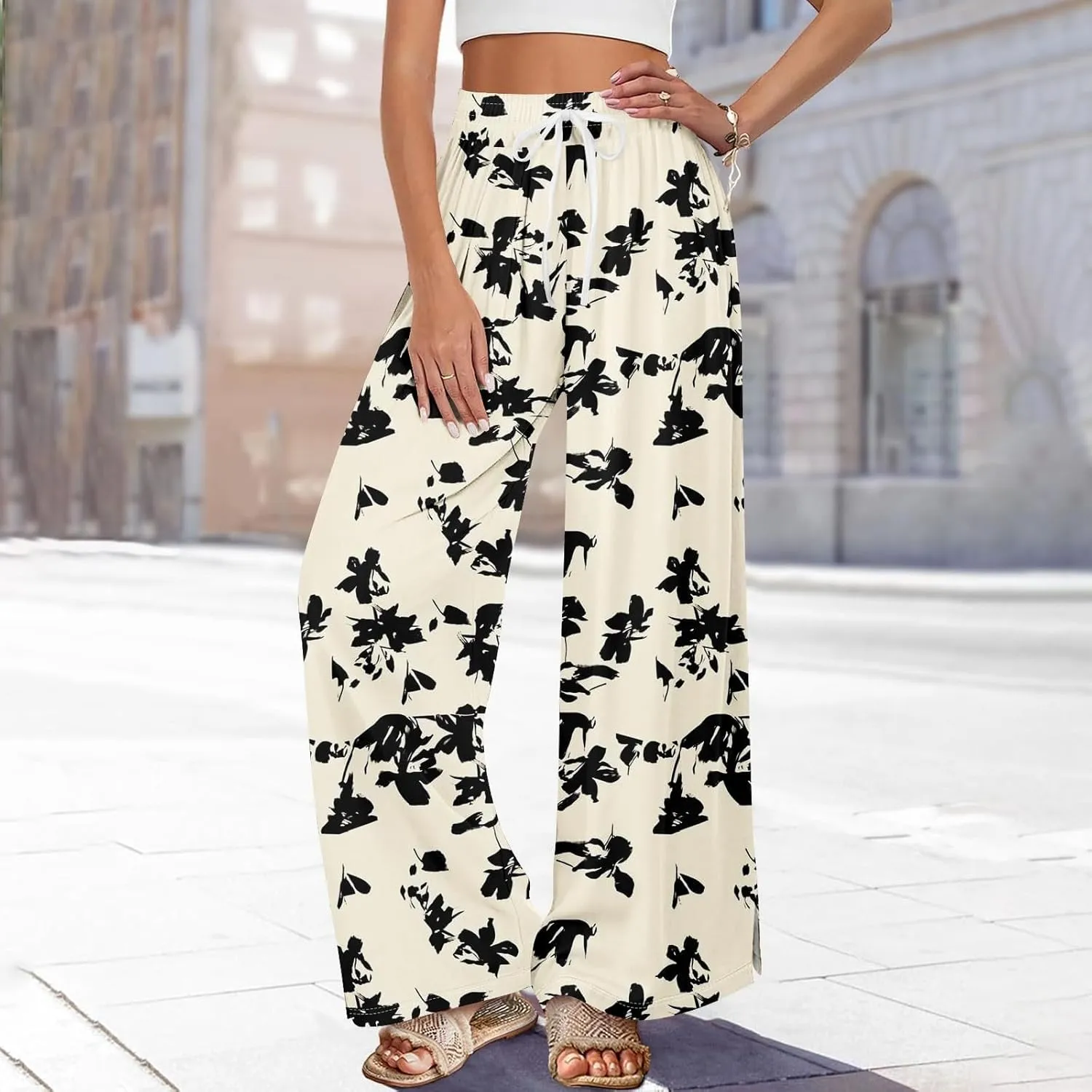 Women High Waisted Drawsting Boho Palazzo Pants Fish Art Printed Wide Leg Long Japanese Pant Trousers with Pockets