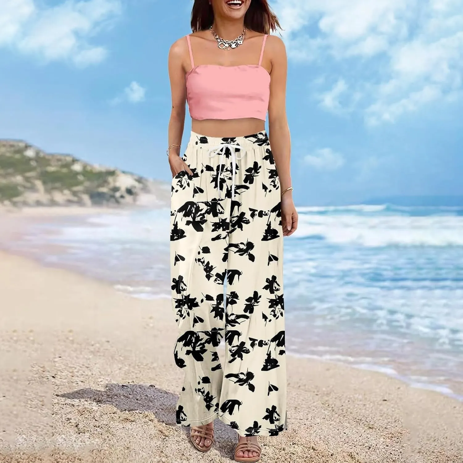 Women High Waisted Drawsting Boho Palazzo Pants Fish Art Printed Wide Leg Long Japanese Pant Trousers with Pockets