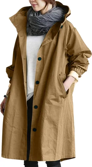 Women Hooded Windbreaker Trench Coat Single Breasted Windproof Long Overcoat Lightweight Fashion Jackets Outerwear