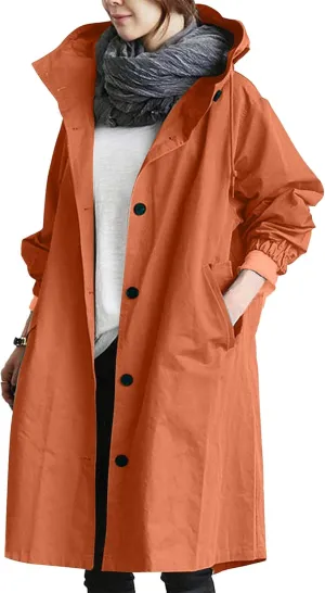 Women Hooded Windbreaker Trench Coat Single Breasted Windproof Long Overcoat Lightweight Fashion Jackets Outerwear