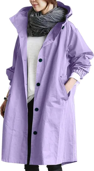 Women Hooded Windbreaker Trench Coat Single Breasted Windproof Long Overcoat Lightweight Fashion Jackets Outerwear