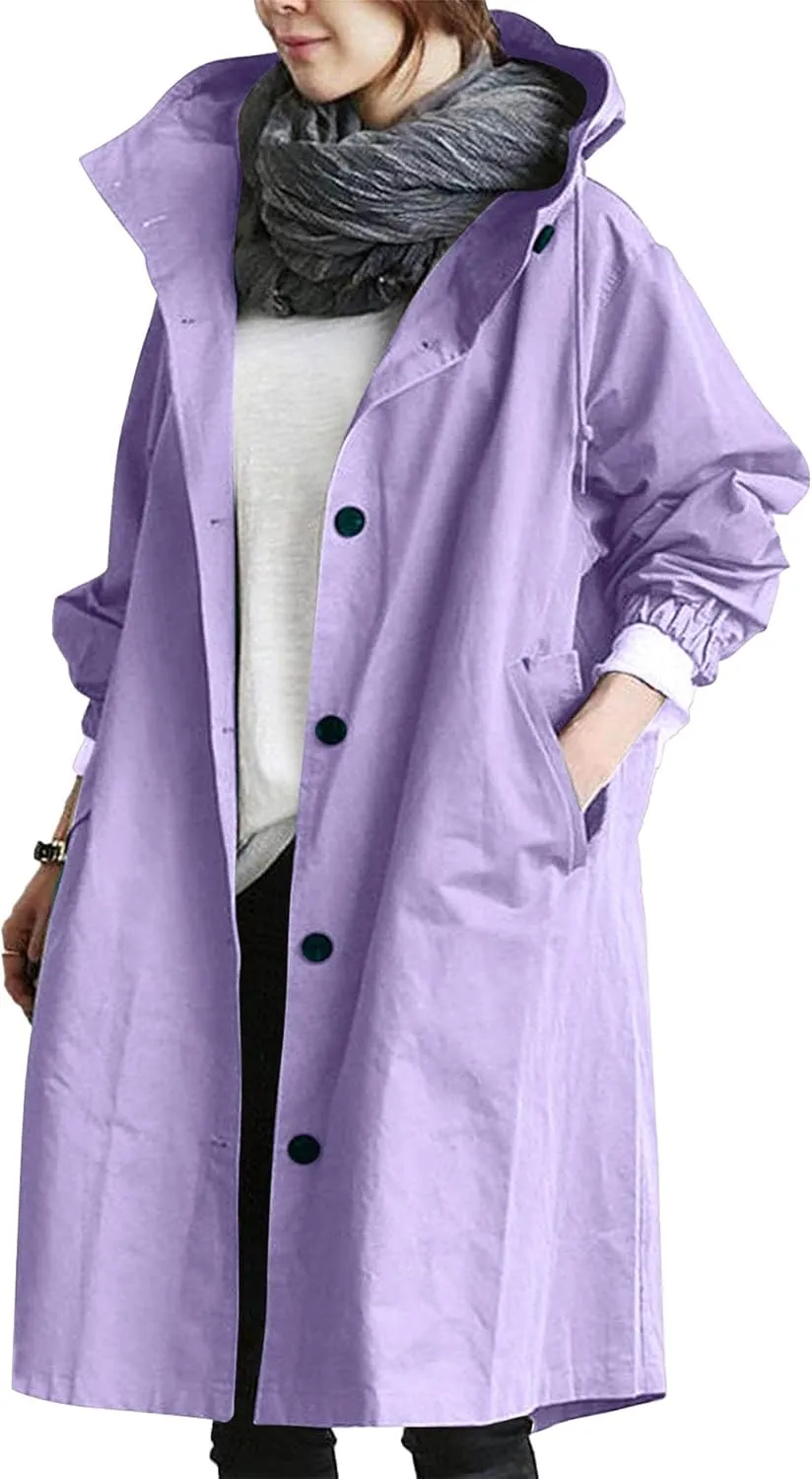 Women Hooded Windbreaker Trench Coat Single Breasted Windproof Long Overcoat Lightweight Fashion Jackets Outerwear
