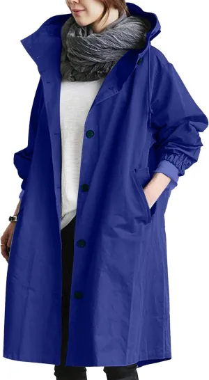 Women Hooded Windbreaker Trench Coat Single Breasted Windproof Long Overcoat Lightweight Fashion Jackets Outerwear