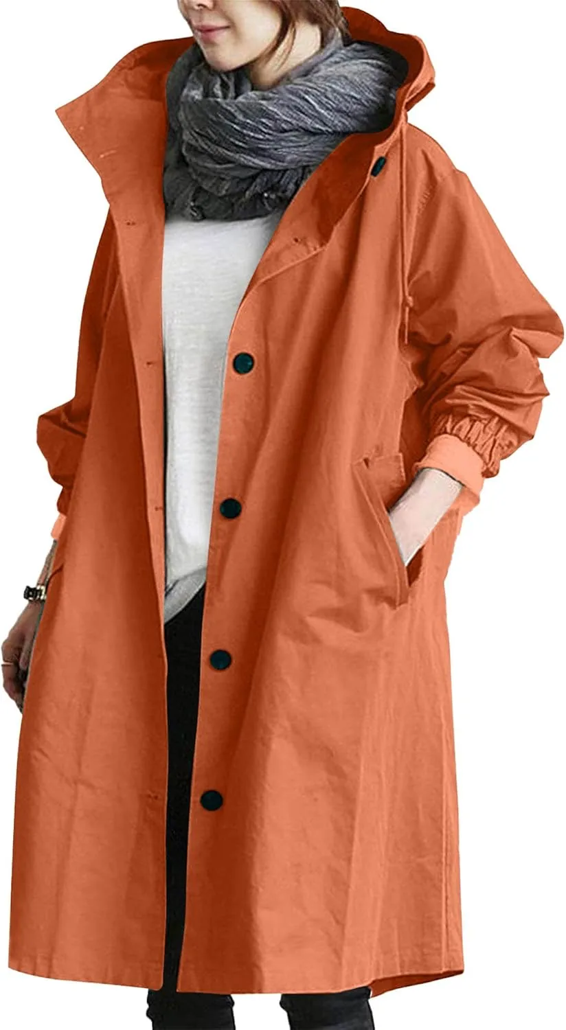 Women Hooded Windbreaker Trench Coat Single Breasted Windproof Long Overcoat Lightweight Fashion Jackets Outerwear
