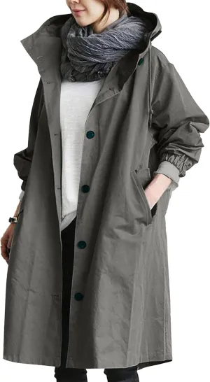 Women Hooded Windbreaker Trench Coat Single Breasted Windproof Long Overcoat Lightweight Fashion Jackets Outerwear