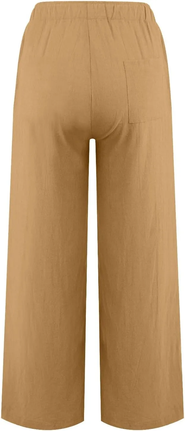 Women Linen Pants Summer Casual Beach Pants Drawstring High Waisted Wide Leg Pants Loose Trousers with Pockets