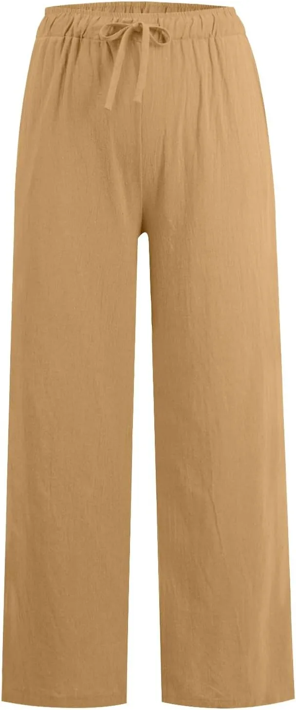 Women Linen Pants Summer Casual Beach Pants Drawstring High Waisted Wide Leg Pants Loose Trousers with Pockets