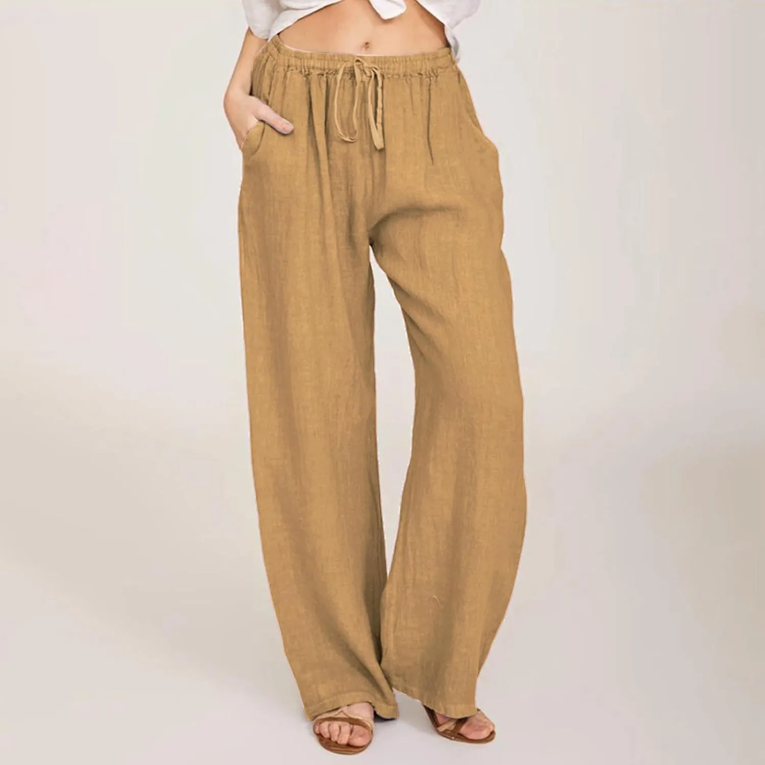 Women Linen Pants Summer Casual Beach Pants Drawstring High Waisted Wide Leg Pants Loose Trousers with Pockets