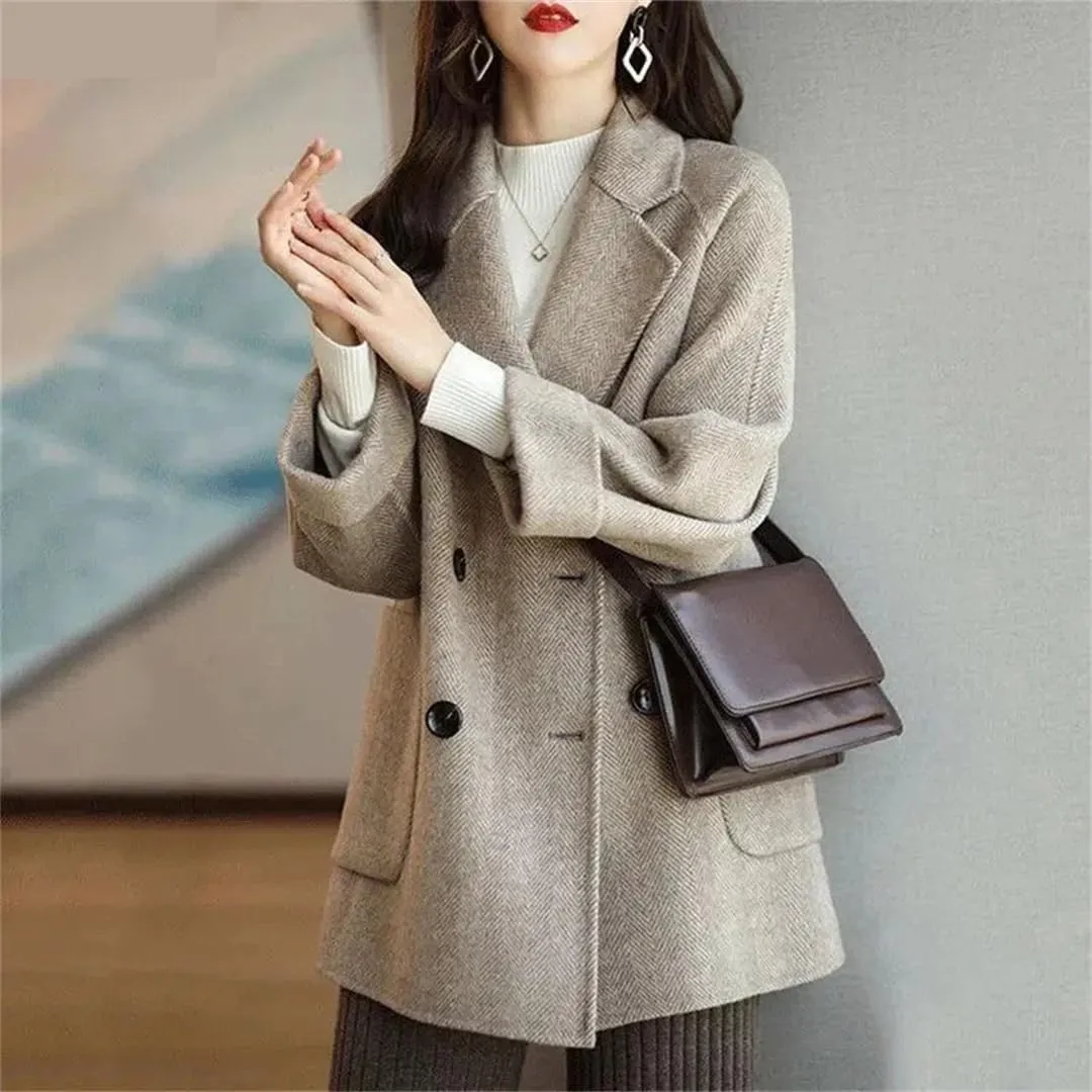 Women Mid-Length Woolen Coats Office Loose Warm Thick Wool Blend Jackets Outerwear