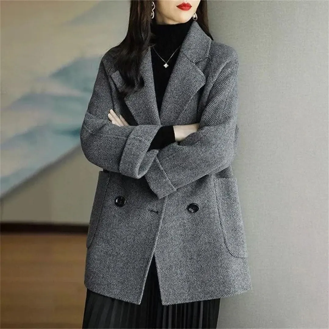 Women Mid-Length Woolen Coats Office Loose Warm Thick Wool Blend Jackets Outerwear