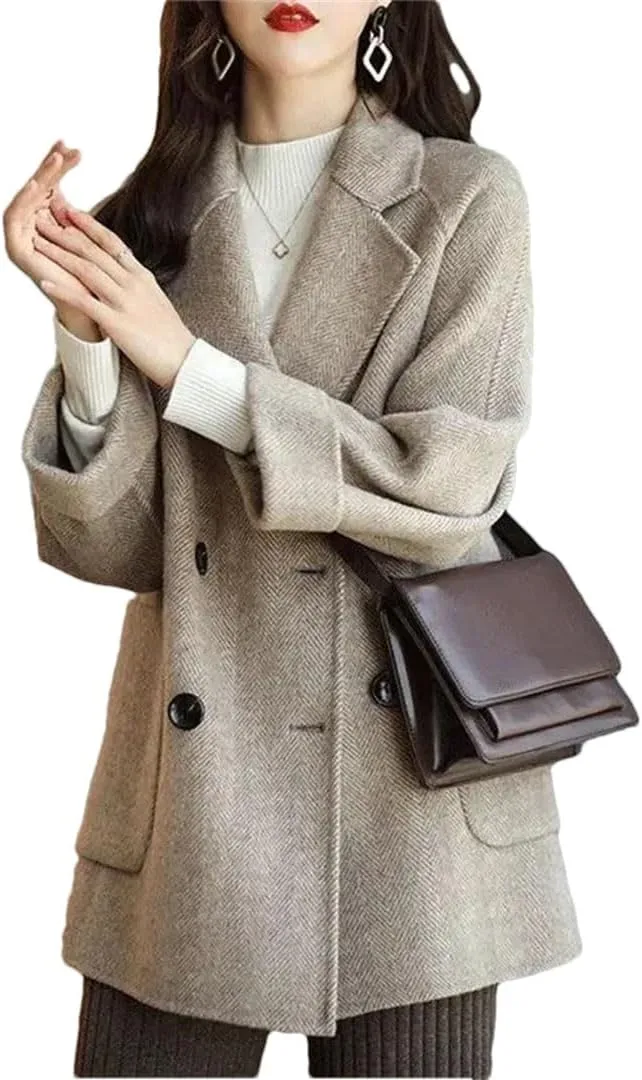 Women Mid-Length Woolen Coats Office Loose Warm Thick Wool Blend Jackets Outerwear
