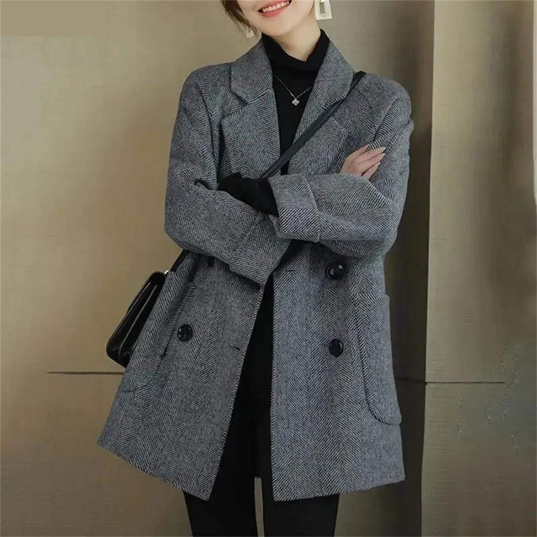 Women Mid-Length Woolen Coats Office Loose Warm Thick Wool Blend Jackets Outerwear