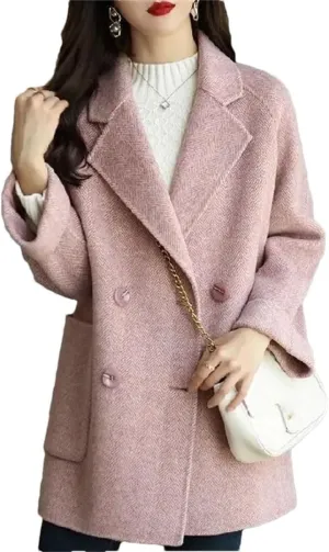 Women Mid-Length Woolen Coats Office Loose Warm Thick Wool Blend Jackets Outerwear