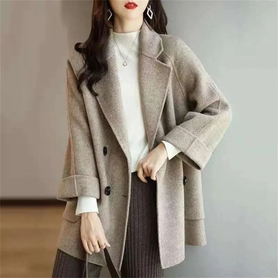 Women Mid-Length Woolen Coats Office Loose Warm Thick Wool Blend Jackets Outerwear