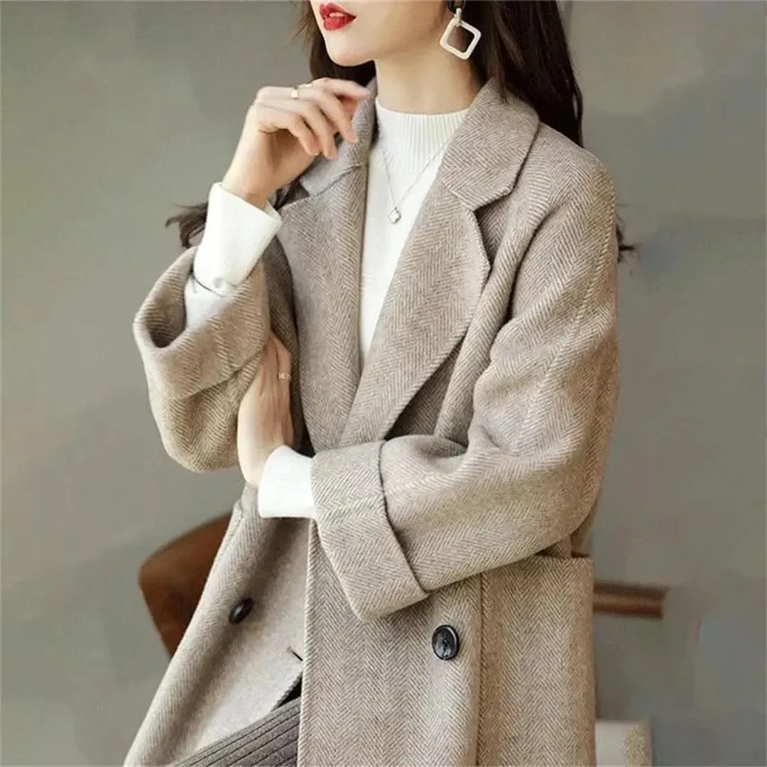 Women Mid-Length Woolen Coats Office Loose Warm Thick Wool Blend Jackets Outerwear