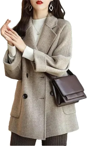 Women Mid-Length Woolen Coats Office Loose Warm Thick Wool Blend Jackets Outerwear